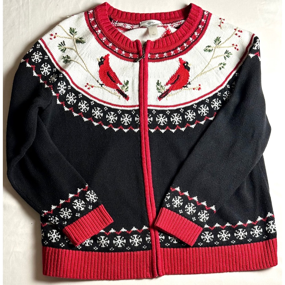 CJ Banks Cardinal Snowflake Hand Embroidered Zip Cardigan Sweater Black Red 1X